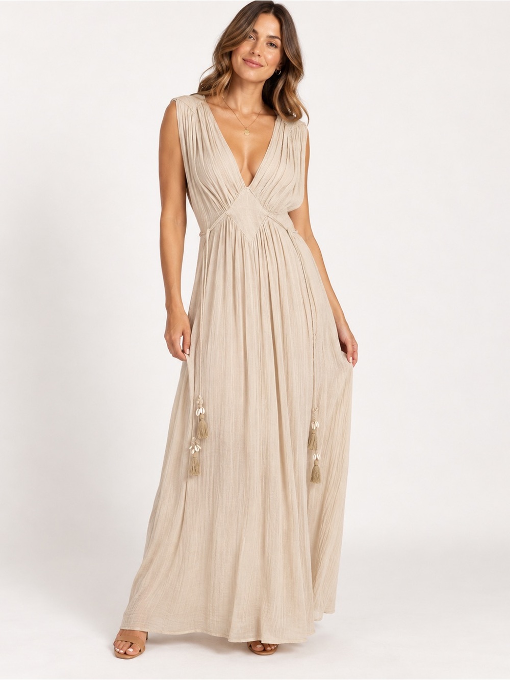 Sleeveless Deep V-Neck Maxi Dress in Beige Size M-L